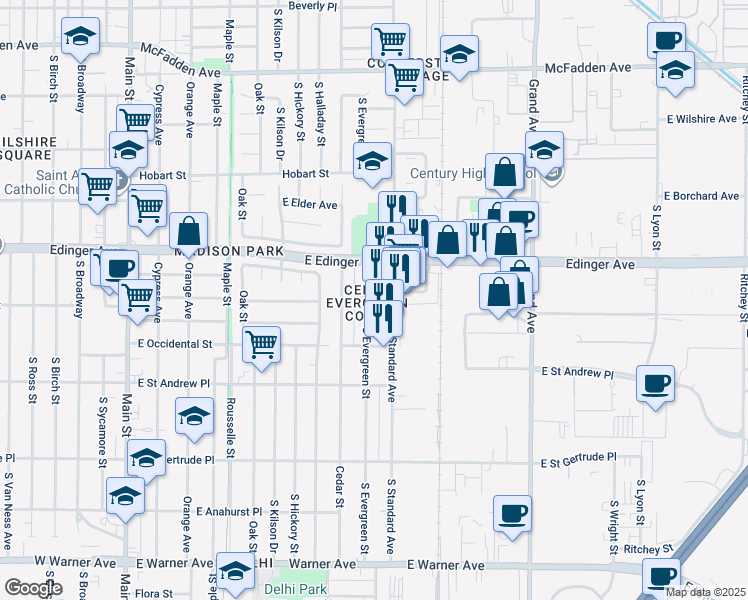 map of restaurants, bars, coffee shops, grocery stores, and more near 1618 Evergreen Street in Santa Ana