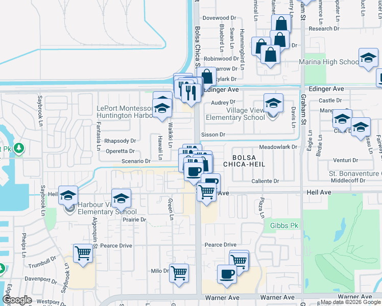 map of restaurants, bars, coffee shops, grocery stores, and more near 4922 Maui Circle in Huntington Beach