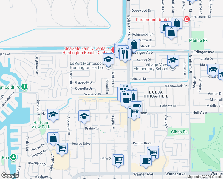 map of restaurants, bars, coffee shops, grocery stores, and more near 16251 Waikiki Lane in Huntington Beach
