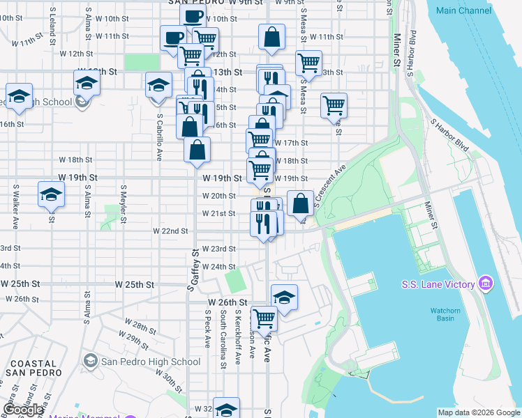 map of restaurants, bars, coffee shops, grocery stores, and more near 2041 S Pacific Ave in San Pedro