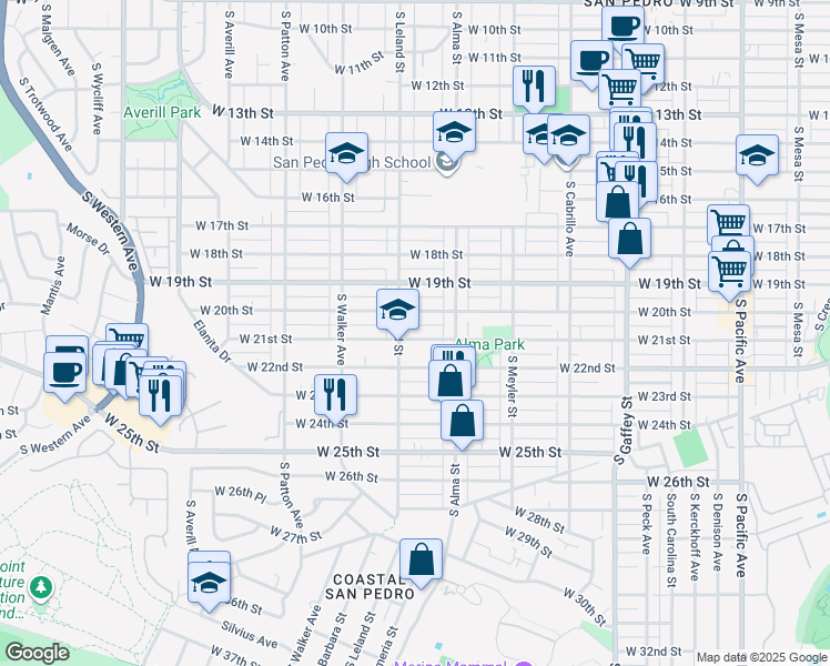 map of restaurants, bars, coffee shops, grocery stores, and more near 1067 West 20th Street in Los Angeles