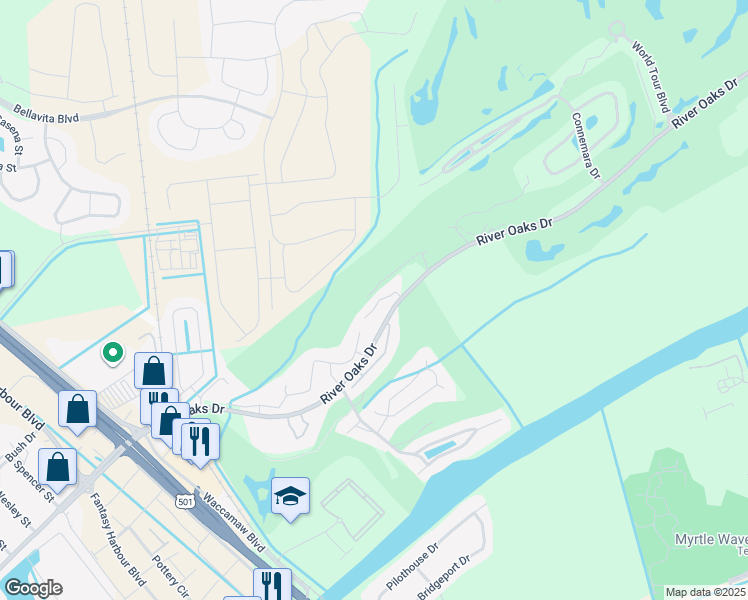 map of restaurants, bars, coffee shops, grocery stores, and more near 585 Blue River Court in Myrtle Beach