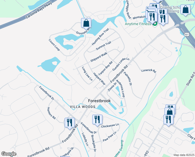 map of restaurants, bars, coffee shops, grocery stores, and more near 4672 Tarpon Bay Road in Myrtle Beach
