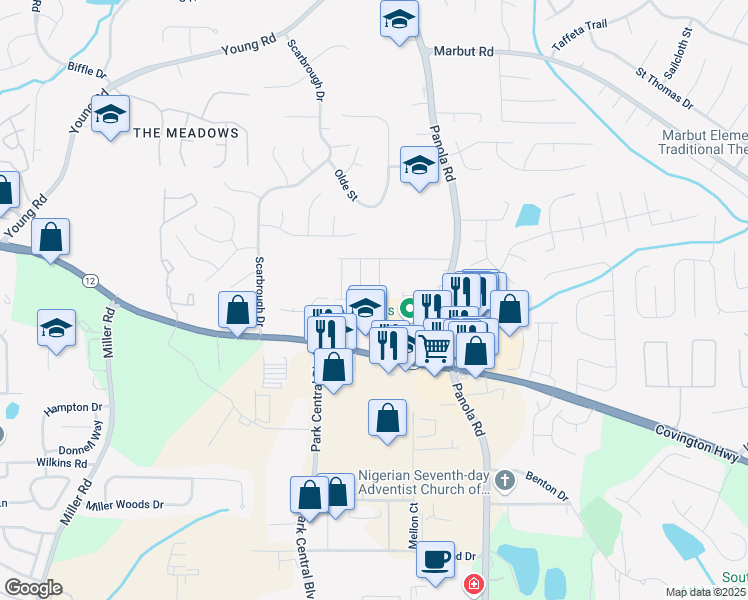 map of restaurants, bars, coffee shops, grocery stores, and more near 2240 Mulsanne Drive in Lithonia