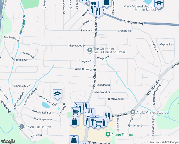 map of restaurants, bars, coffee shops, grocery stores, and more near 2481 Leslie Brook Drive in Decatur