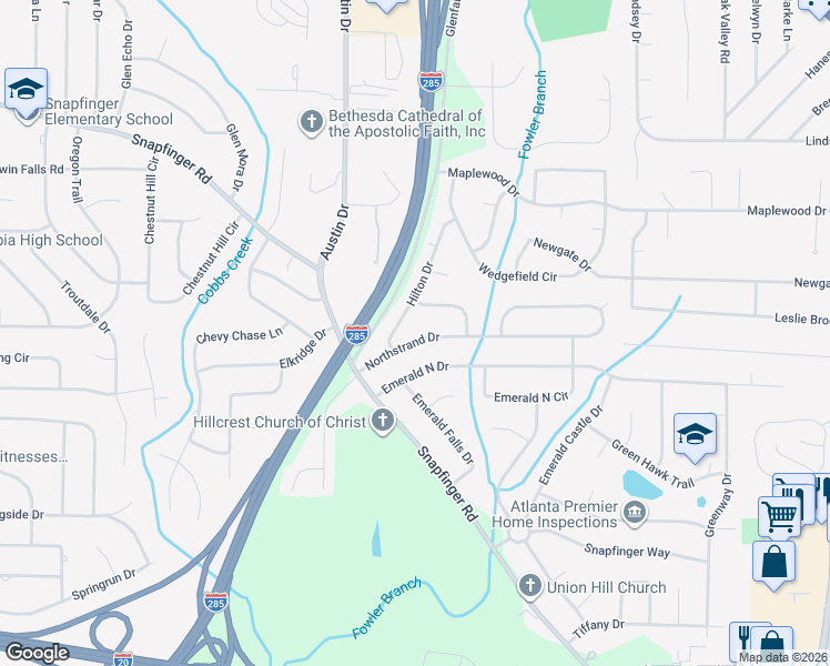 map of restaurants, bars, coffee shops, grocery stores, and more near 3869 Bressler Circle in Decatur