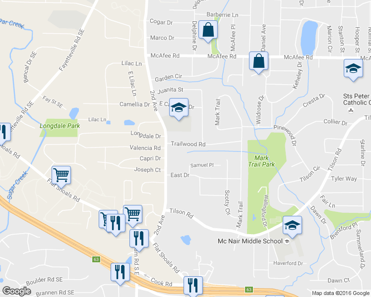 map of restaurants, bars, coffee shops, grocery stores, and more near 2056 Trailwood Road in Decatur