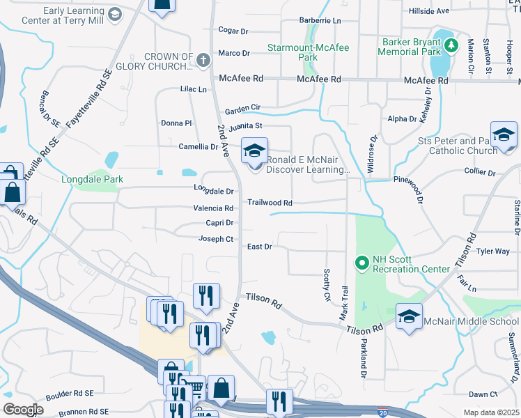 map of restaurants, bars, coffee shops, grocery stores, and more near 2041 Trailwood Road in Decatur