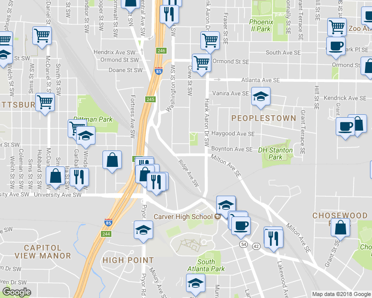 map of restaurants, bars, coffee shops, grocery stores, and more near 59 Pope Street Southwest in Atlanta