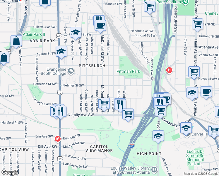 map of restaurants, bars, coffee shops, grocery stores, and more near 1078 Smith Street Southwest in Atlanta