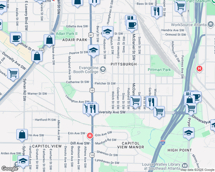 map of restaurants, bars, coffee shops, grocery stores, and more near 1060 Welch Street Southwest in Atlanta
