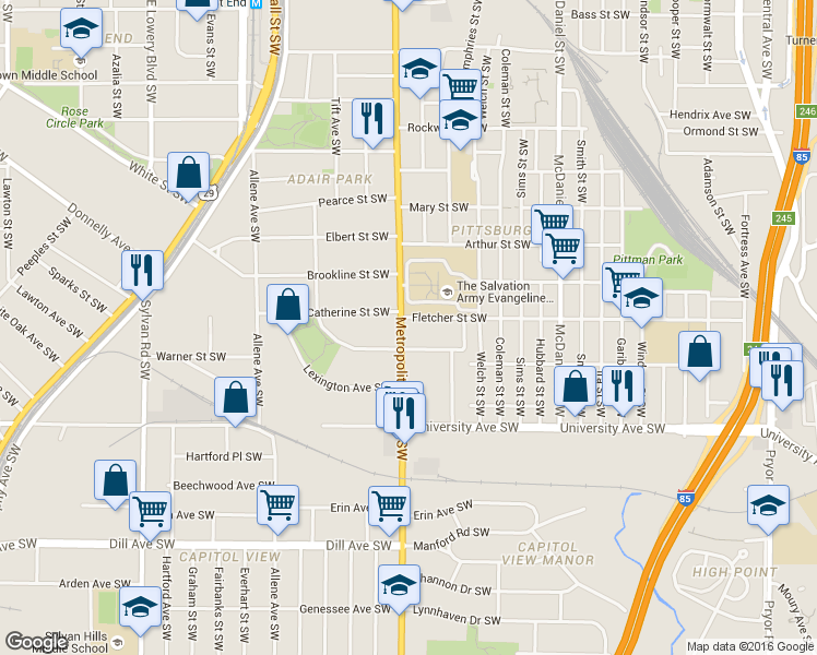 map of restaurants, bars, coffee shops, grocery stores, and more near 1057 Metropolitan Parkway Southwest in Atlanta