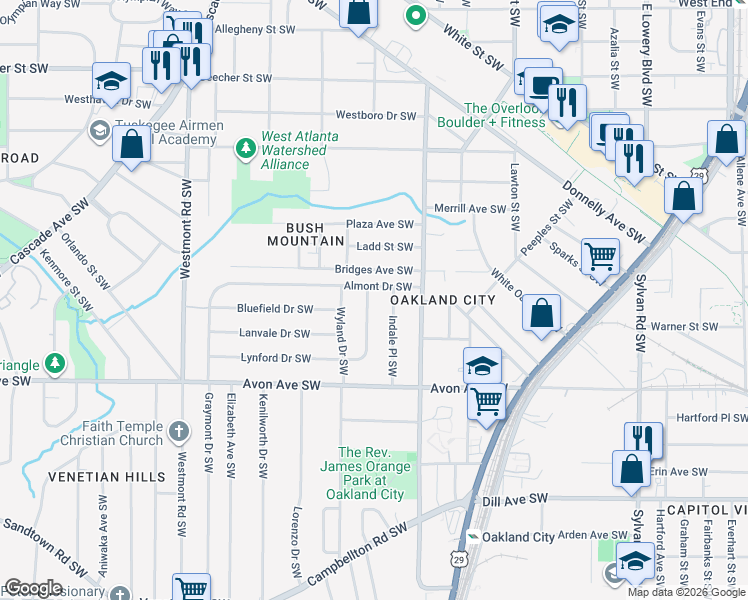 map of restaurants, bars, coffee shops, grocery stores, and more near 1261 Almont Drive Southwest in Atlanta