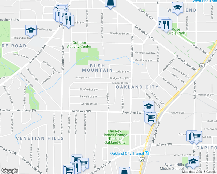 map of restaurants, bars, coffee shops, grocery stores, and more near 1299 Almont Drive Southwest in Atlanta