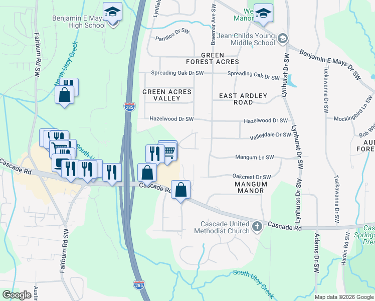 map of restaurants, bars, coffee shops, grocery stores, and more near 3405 Regent Place Southwest in Atlanta