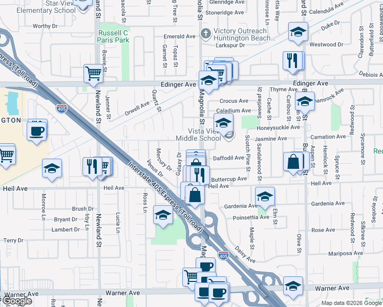 map of restaurants, bars, coffee shops, grocery stores, and more near 8940 Comet Circle in Westminster