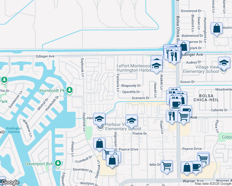 map of restaurants, bars, coffee shops, grocery stores, and more near 16291 Fantasia Lane in Huntington Beach