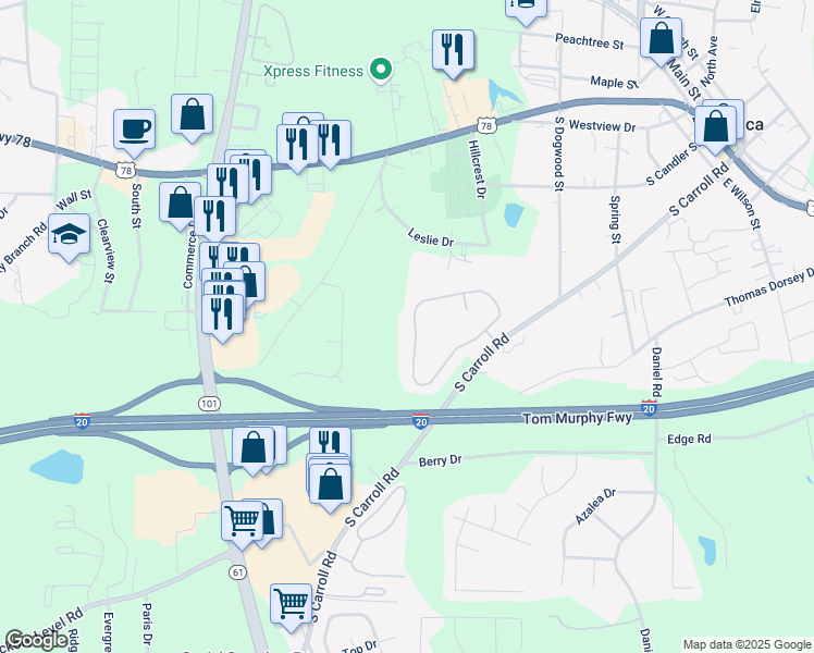 map of restaurants, bars, coffee shops, grocery stores, and more near 219 Berkley Drive in Villa Rica
