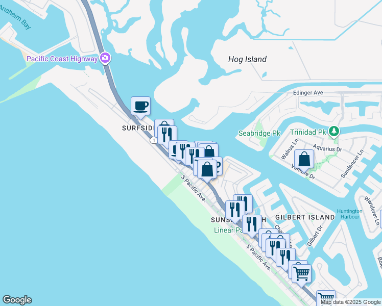 map of restaurants, bars, coffee shops, grocery stores, and more near 16255 Pacific Circle in Huntington Beach