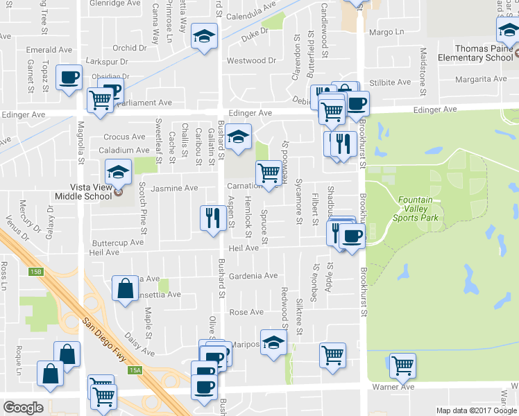map of restaurants, bars, coffee shops, grocery stores, and more near 16357 Spruce Street in Fountain Valley