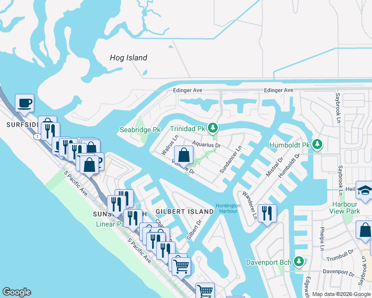 map of restaurants, bars, coffee shops, grocery stores, and more near 16312 Spartan Circle in Huntington Beach