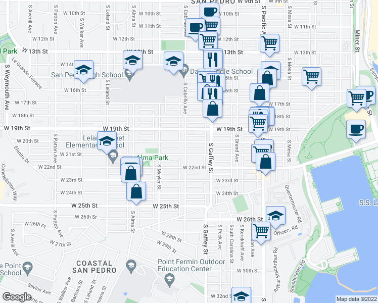 map of restaurants, bars, coffee shops, grocery stores, and more near 2030 South Cabrillo Avenue in Los Angeles