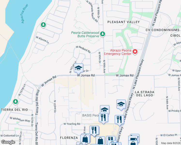map of restaurants, bars, coffee shops, grocery stores, and more near 26723 North 100th Avenue in Peoria