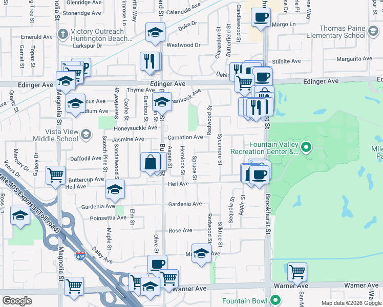 map of restaurants, bars, coffee shops, grocery stores, and more near 16357 Spruce Street in Fountain Valley