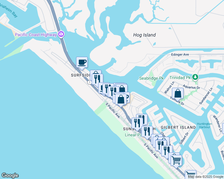 map of restaurants, bars, coffee shops, grocery stores, and more near 2872 Coast Circle in Huntington Beach