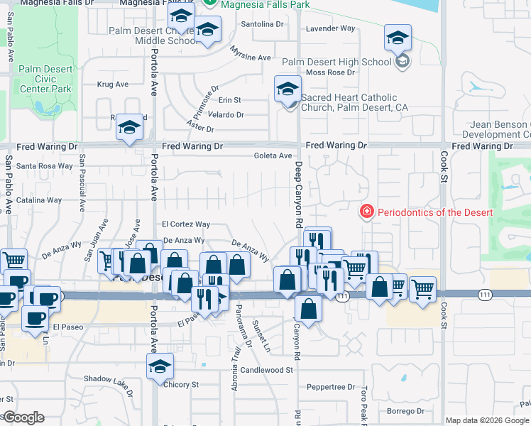 map of restaurants, bars, coffee shops, grocery stores, and more near 44450 Hazel Canyon Lane in Palm Desert