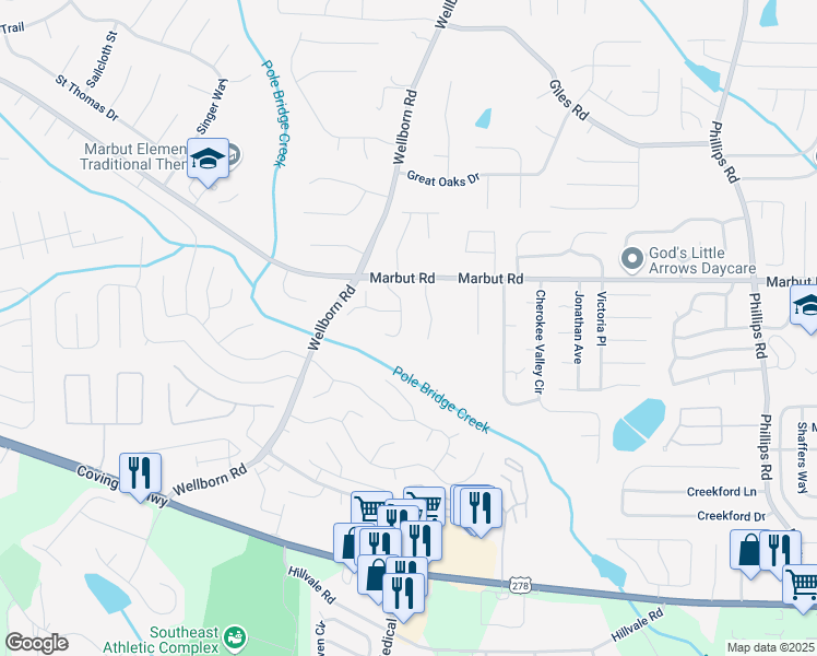 map of restaurants, bars, coffee shops, grocery stores, and more near 2148 Sara Ashley Way in Lithonia