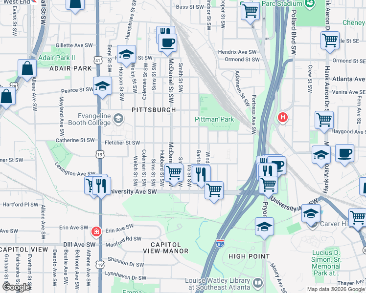 map of restaurants, bars, coffee shops, grocery stores, and more near 1078 Smith Street Southwest in Atlanta