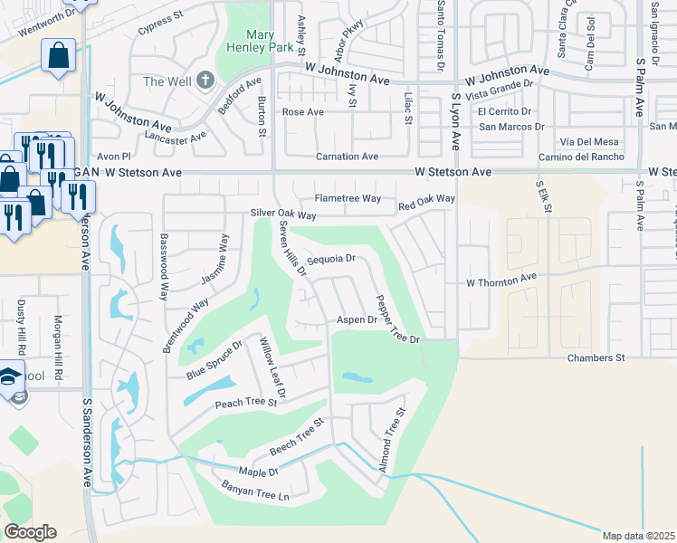 map of restaurants, bars, coffee shops, grocery stores, and more near 2186 Redwood Drive in Hemet