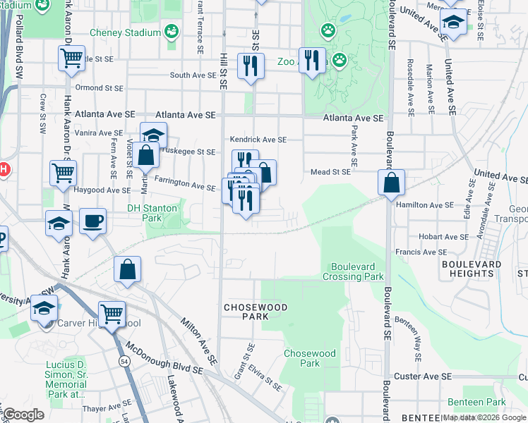 map of restaurants, bars, coffee shops, grocery stores, and more near 1040 Grant Street Southeast in Atlanta