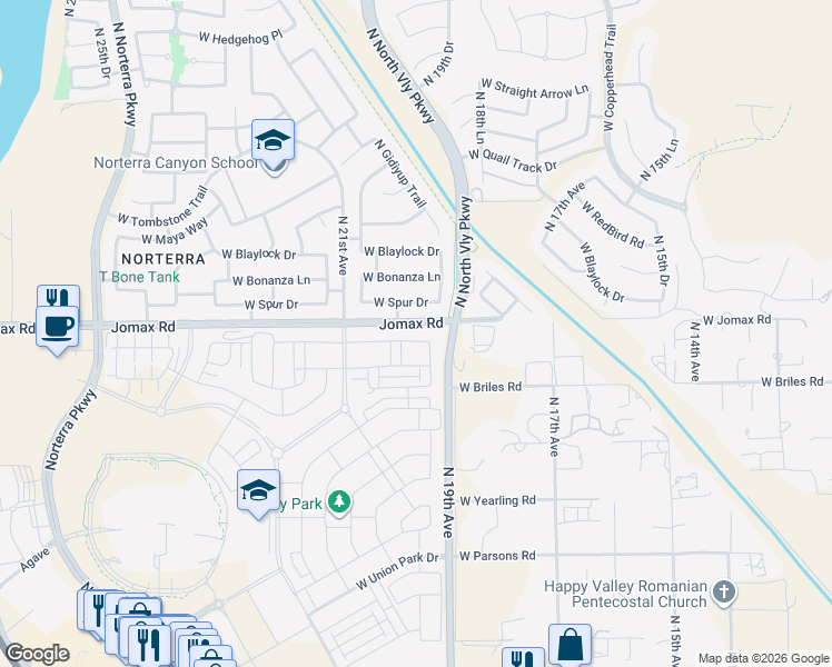 map of restaurants, bars, coffee shops, grocery stores, and more near 1925 West Spur Drive in Phoenix