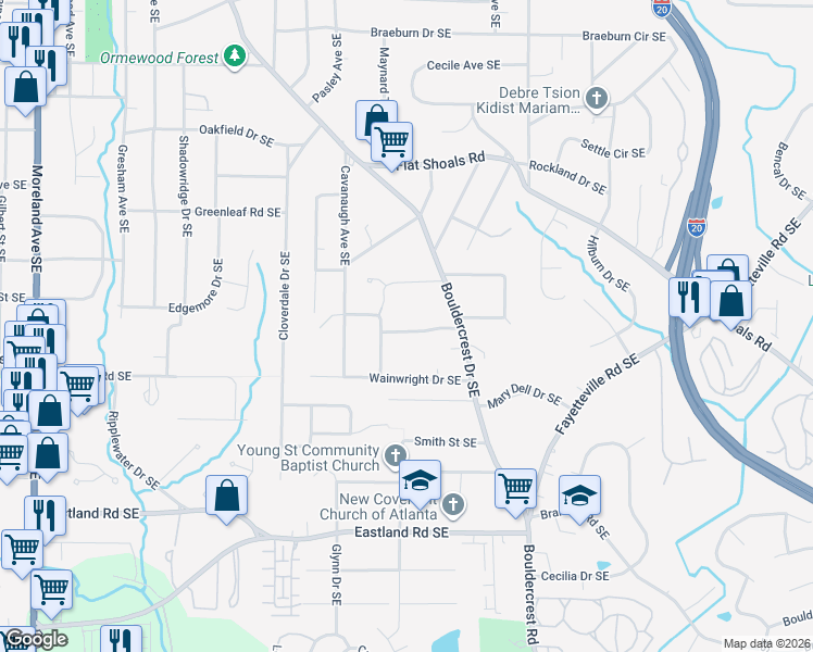 map of restaurants, bars, coffee shops, grocery stores, and more near 1360 Lochland Road Southeast in Atlanta