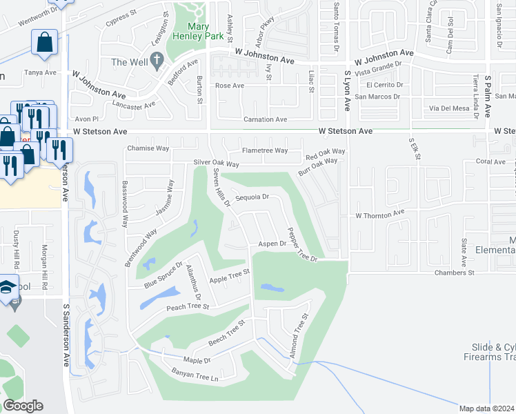 map of restaurants, bars, coffee shops, grocery stores, and more near 2186 Redwood Drive in Hemet