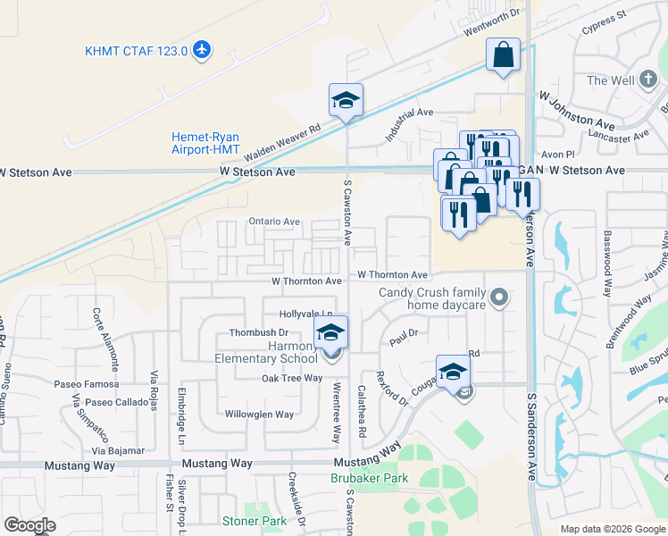 map of restaurants, bars, coffee shops, grocery stores, and more near 1295 South Cawston Avenue in Hemet
