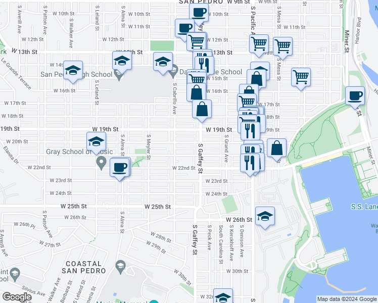 map of restaurants, bars, coffee shops, grocery stores, and more near 740 West 21st Street in Los Angeles