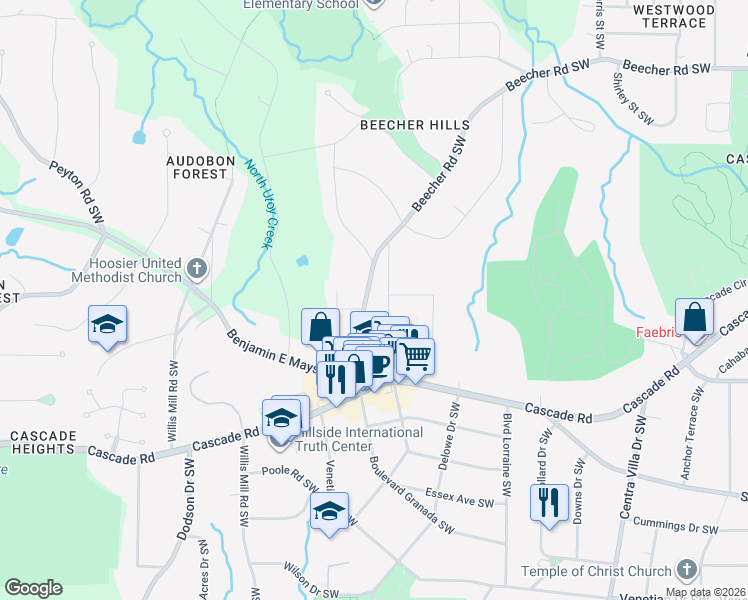 map of restaurants, bars, coffee shops, grocery stores, and more near 2326 Beecher Road Southwest in Atlanta