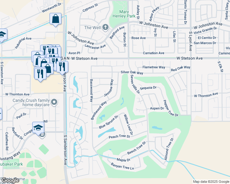 map of restaurants, bars, coffee shops, grocery stores, and more near 1307 Brentwood Way in Hemet