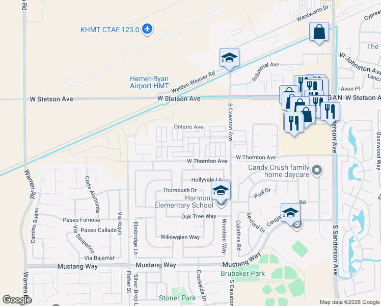 map of restaurants, bars, coffee shops, grocery stores, and more near 1295 South Cawston Avenue in Hemet