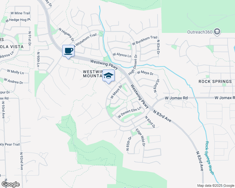 map of restaurants, bars, coffee shops, grocery stores, and more near 100 High Desert Drive in Peoria