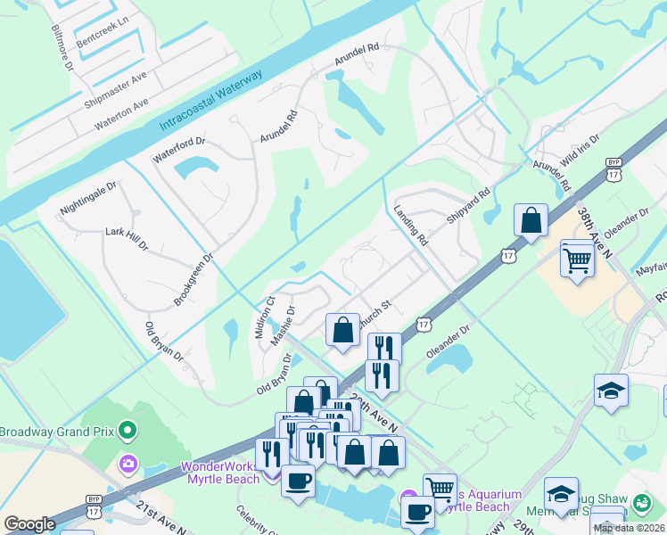 map of restaurants, bars, coffee shops, grocery stores, and more near 17-A Shorewood Drive in Myrtle Beach