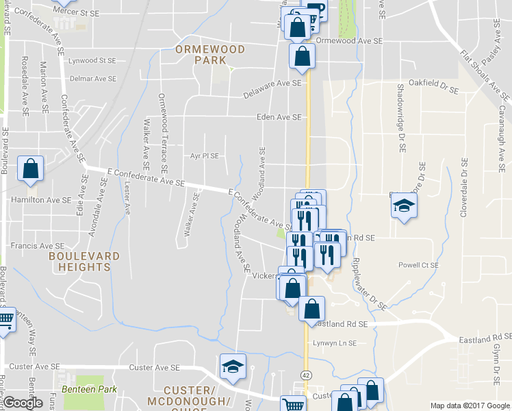 map of restaurants, bars, coffee shops, grocery stores, and more near 1060 Woodland Avenue Southeast in Atlanta