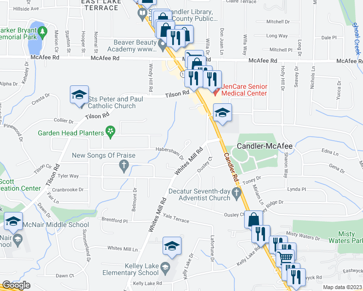 map of restaurants, bars, coffee shops, grocery stores, and more near 2206 Loring Court in Decatur