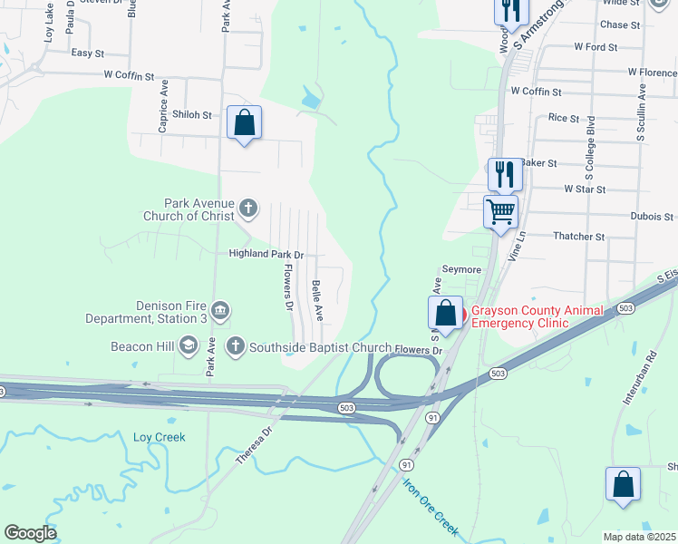 map of restaurants, bars, coffee shops, grocery stores, and more near 1811 Woodland Park Drive in Denison