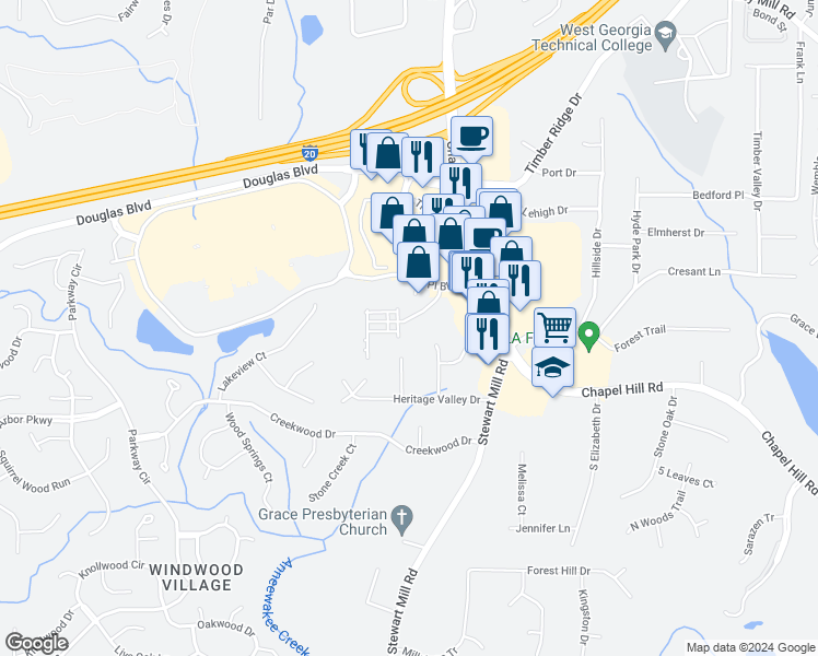 map of restaurants, bars, coffee shops, grocery stores, and more near 5011 Reservoir Drive in Douglasville