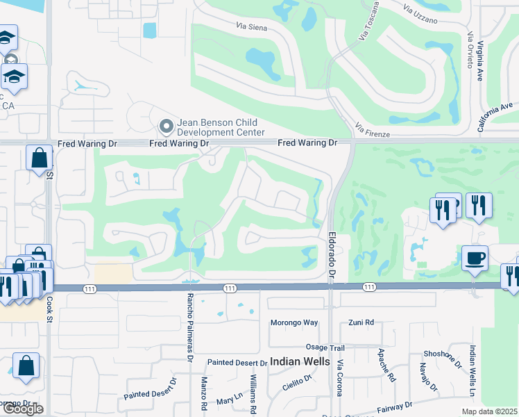 map of restaurants, bars, coffee shops, grocery stores, and more near 75577 Desert Horizons Drive in Indian Wells