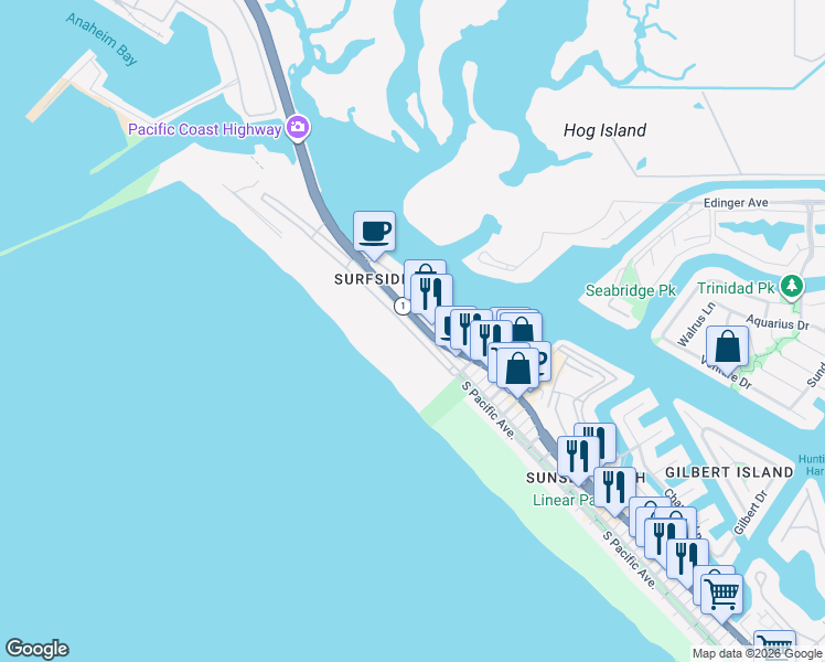 map of restaurants, bars, coffee shops, grocery stores, and more near 2 Surfside Avenue in Seal Beach